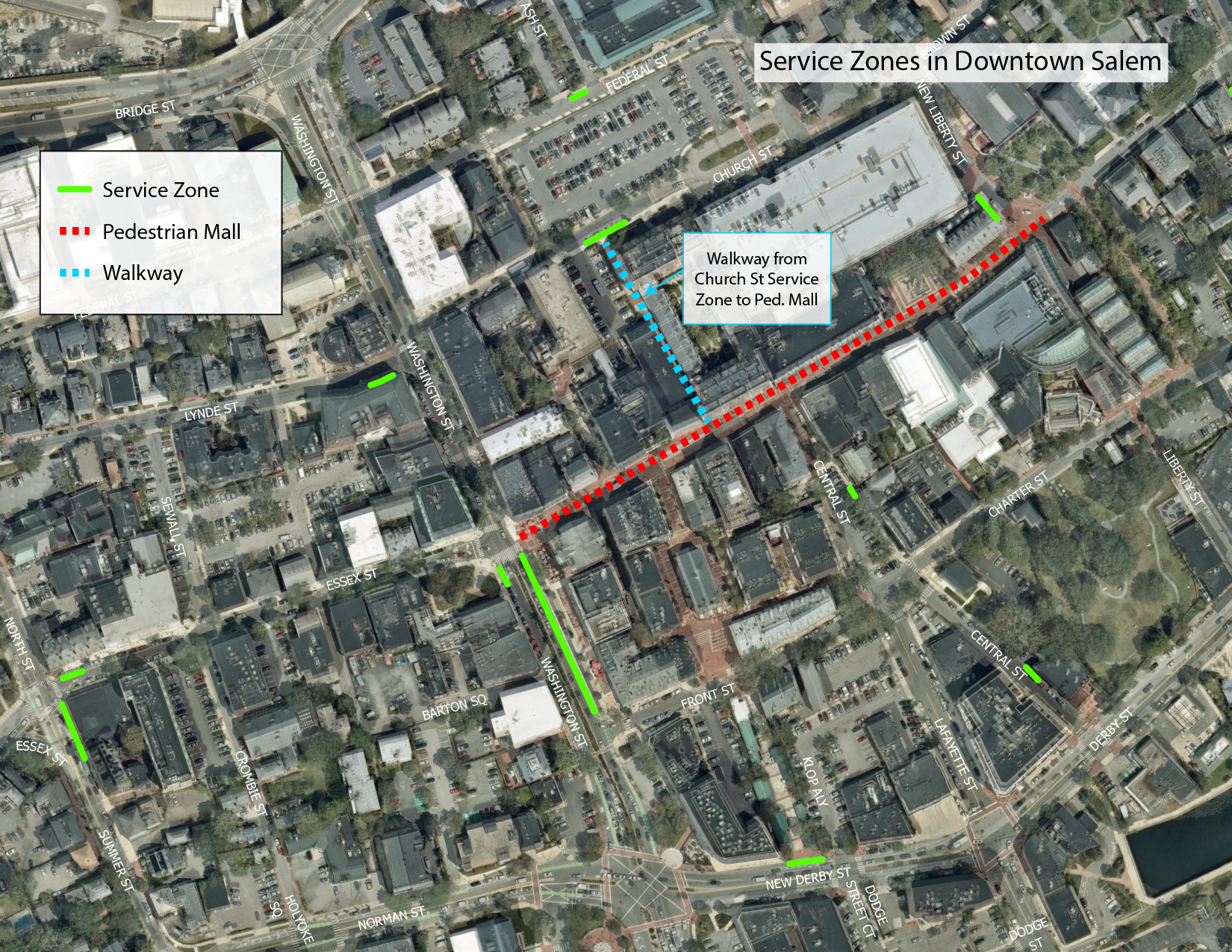 City of Salem map showing downtown delivery service zones in green, the pedestrian mall in red, and a walkway from the Church Street service zone to the mall in blue.