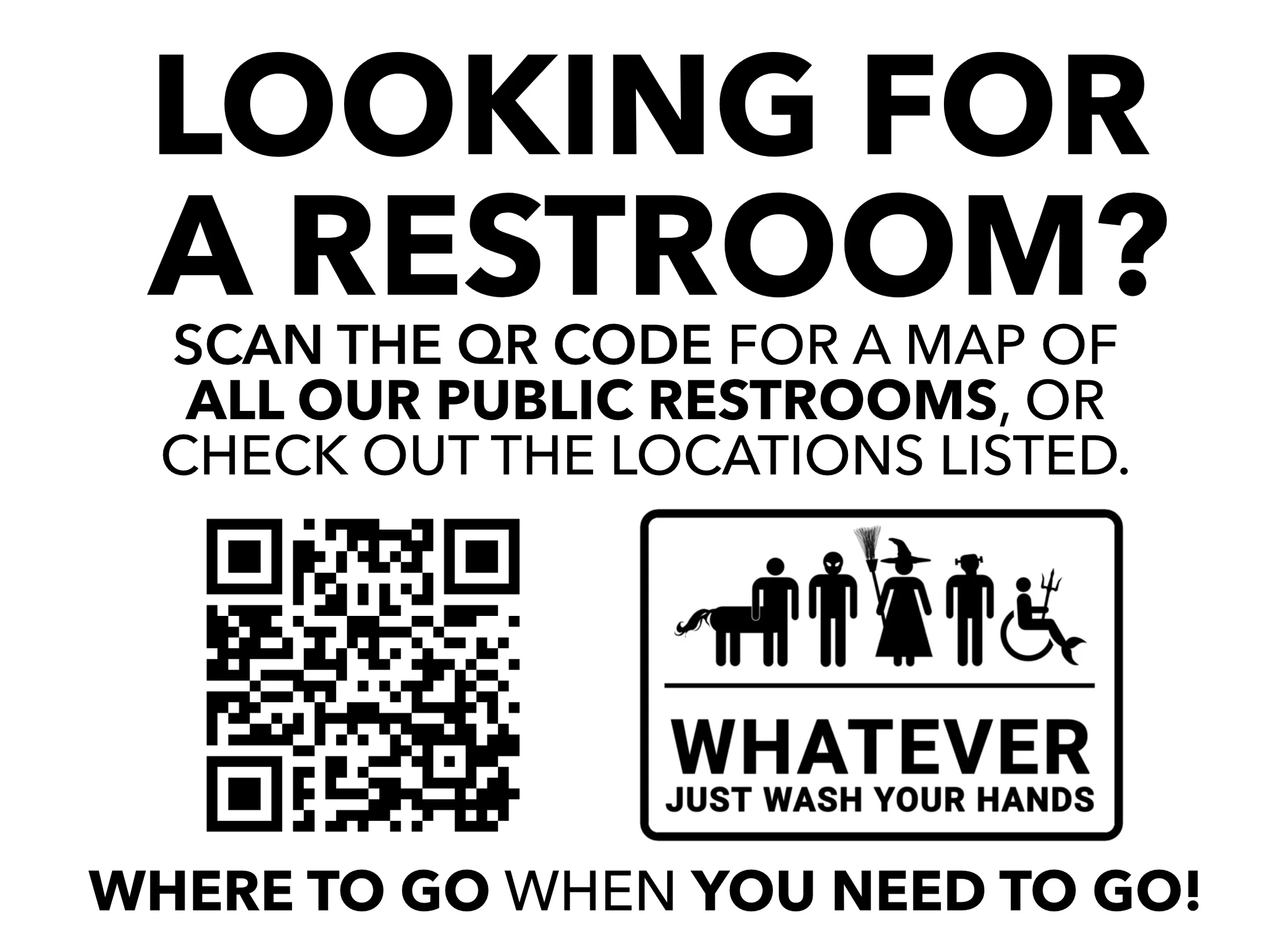 Destination Salem restroom poster. Scan the QR or visit salem.org/restrooms/ for the current restroom locator. Digital QR checked September 18, 2026; test your printed copy.