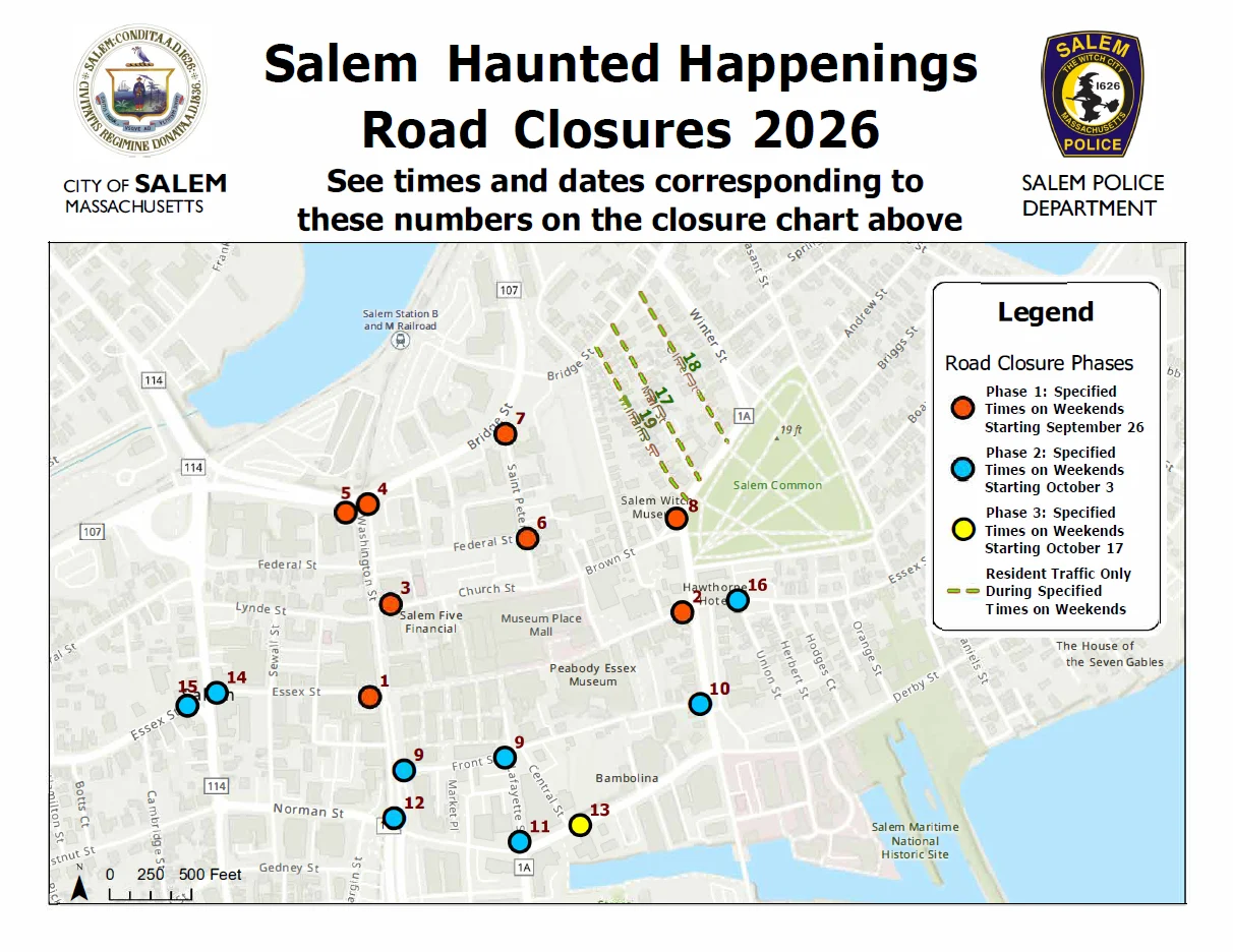 City 2026 weekend closure map. Some numbered points do not match the chart. Confirm times and business access with Police; full-size original and conflict notes are above.