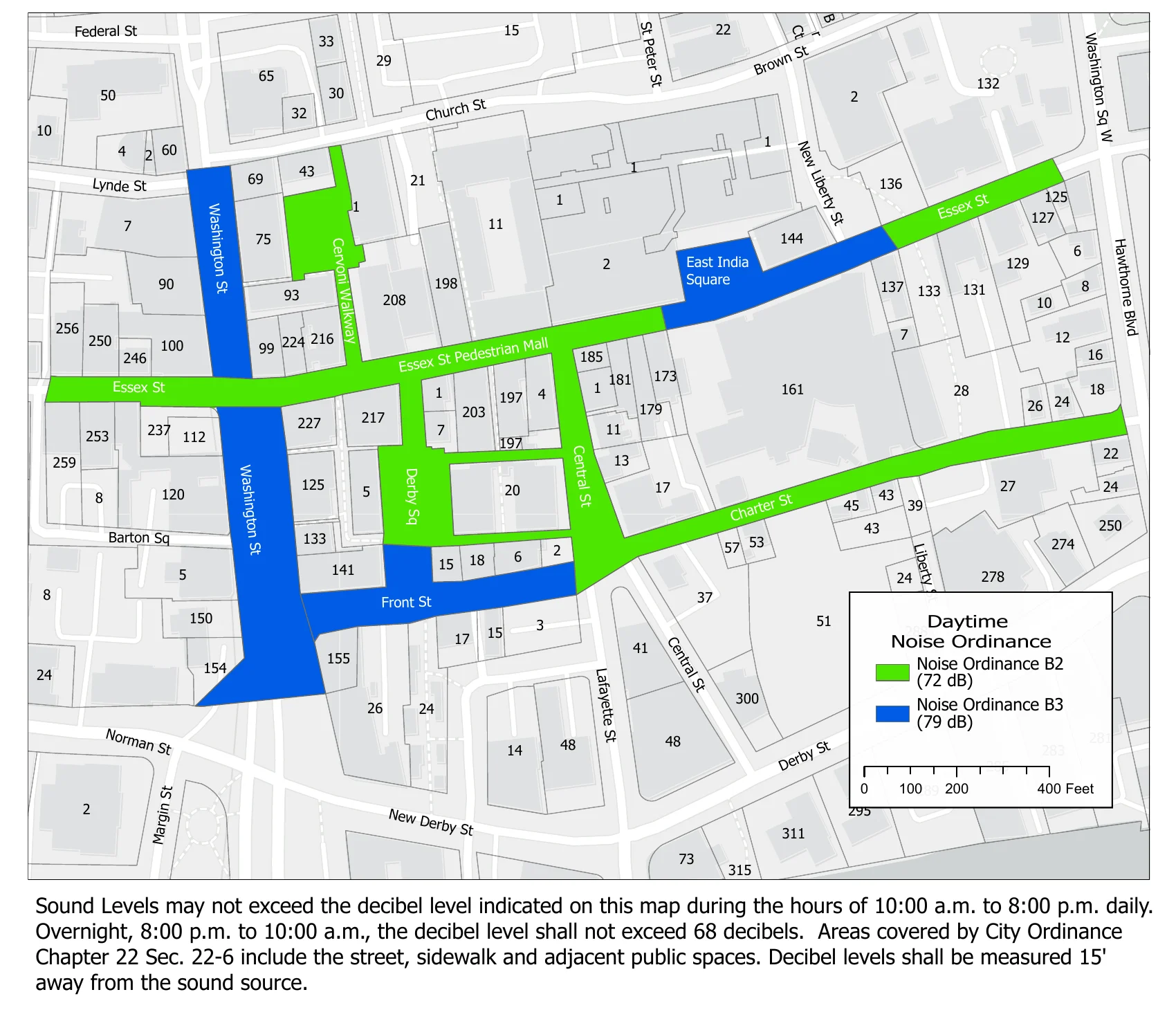 Provisional noise map supplied September 16 with the proposed 2026 walkway amendment. Final adoption/effective date and controlling map remain unverified; consult Licensing or Police.