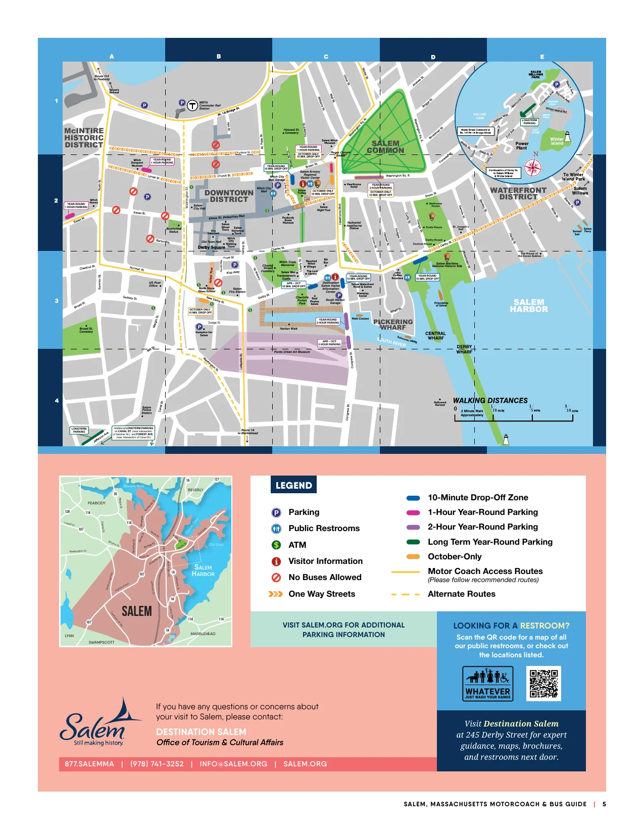 Destination Salem motorcoach map: bus routes, drop-off and parking areas, visitor centers and restrooms. Published 2025–2026 reference; confirm current permits, closures and PDF/web differences. Full PDF linked above.